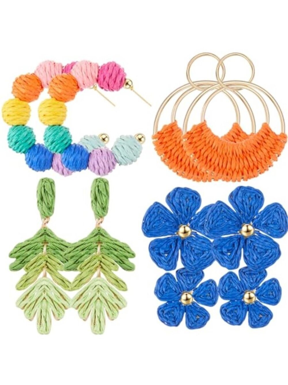 4 Pairs Colorful  Rattan Earrings for Women Beach Essentials Tassel Dangle Boho